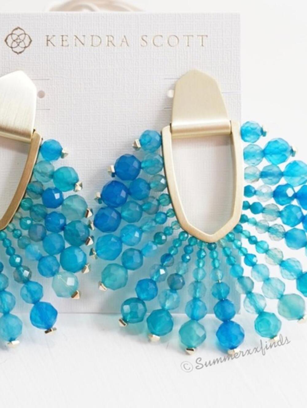 Kendra Scott Diane Bead Stone Statement Earrings Teal Agate - Picture 2 of 3